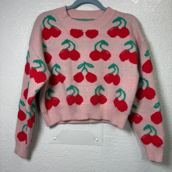Womens Pink Cherry Print Long Sleeve Crew Neck Knit Crop Top Sweater - Picture 3 of 7